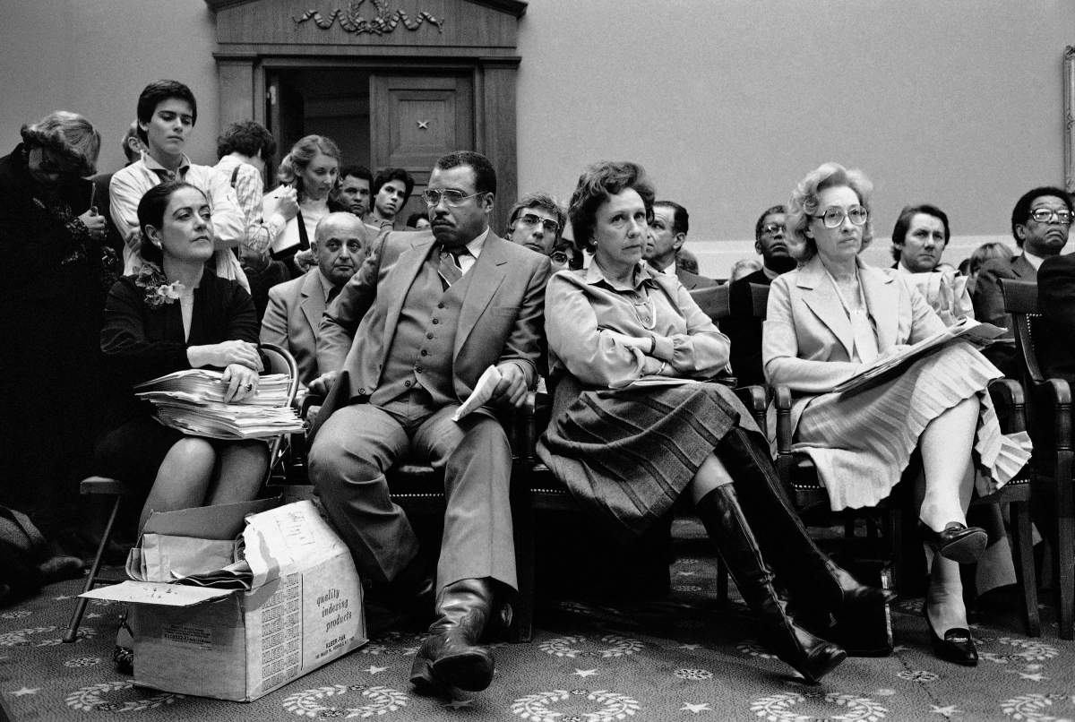 FILE – Performing artists and supporters wait to testify before a House Appropriations subcommittee on Capitol Hill in Washington on Wednesday, March 25, 1981 to criticize President Ronald Reagan’s planned cuts of arts and humanities programs. From left are Anne Murphy of the Council of the Arts, actors James Earl Jones and Jean Stapleton, and Tommie Carl of the American Association of Composers. (AP Photo)