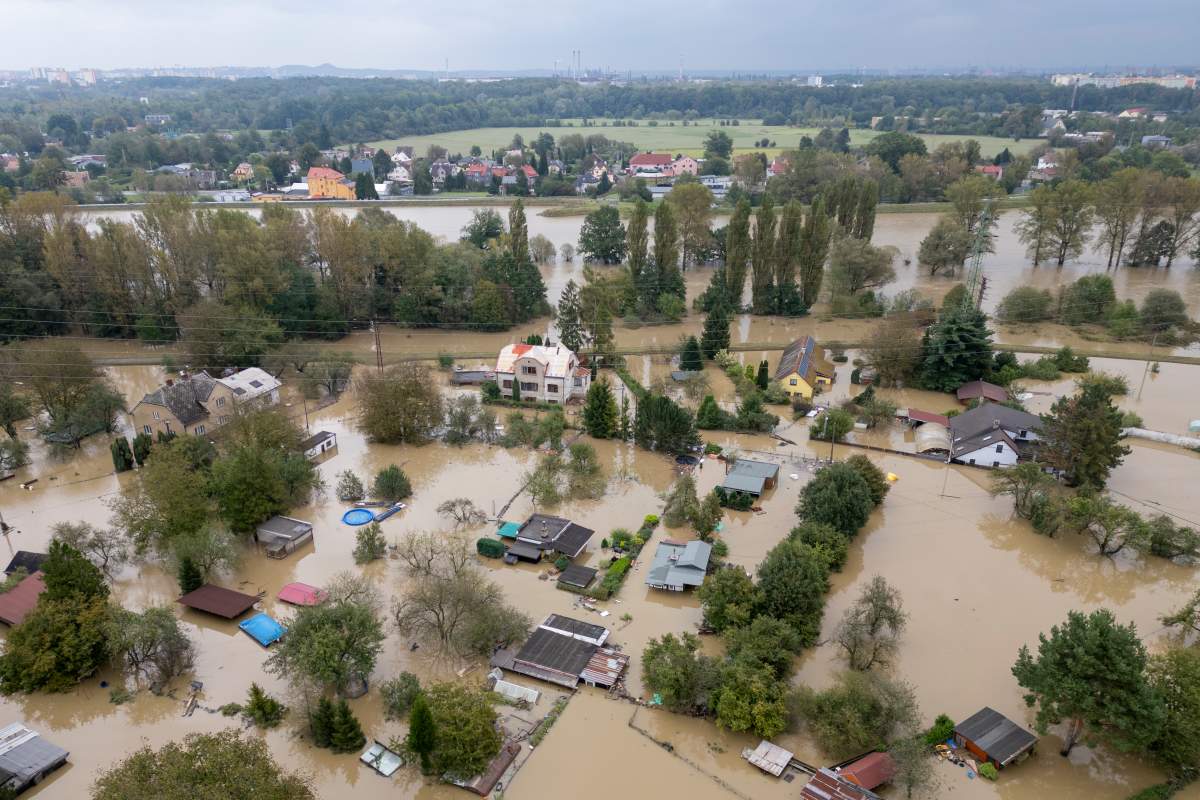 An aerial view of a flooded neighborhood in Ostrava, Czech Republic, on Monday. (AP Photo/Darko Bandic)