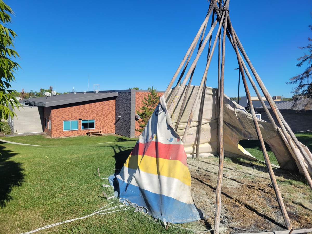 A commemorative teepee gifted to the Lac La Biche RCMP by the Beaver Lake Cree Nation was set on fire outside the detachment on Monday, Sept. 23, 2024.