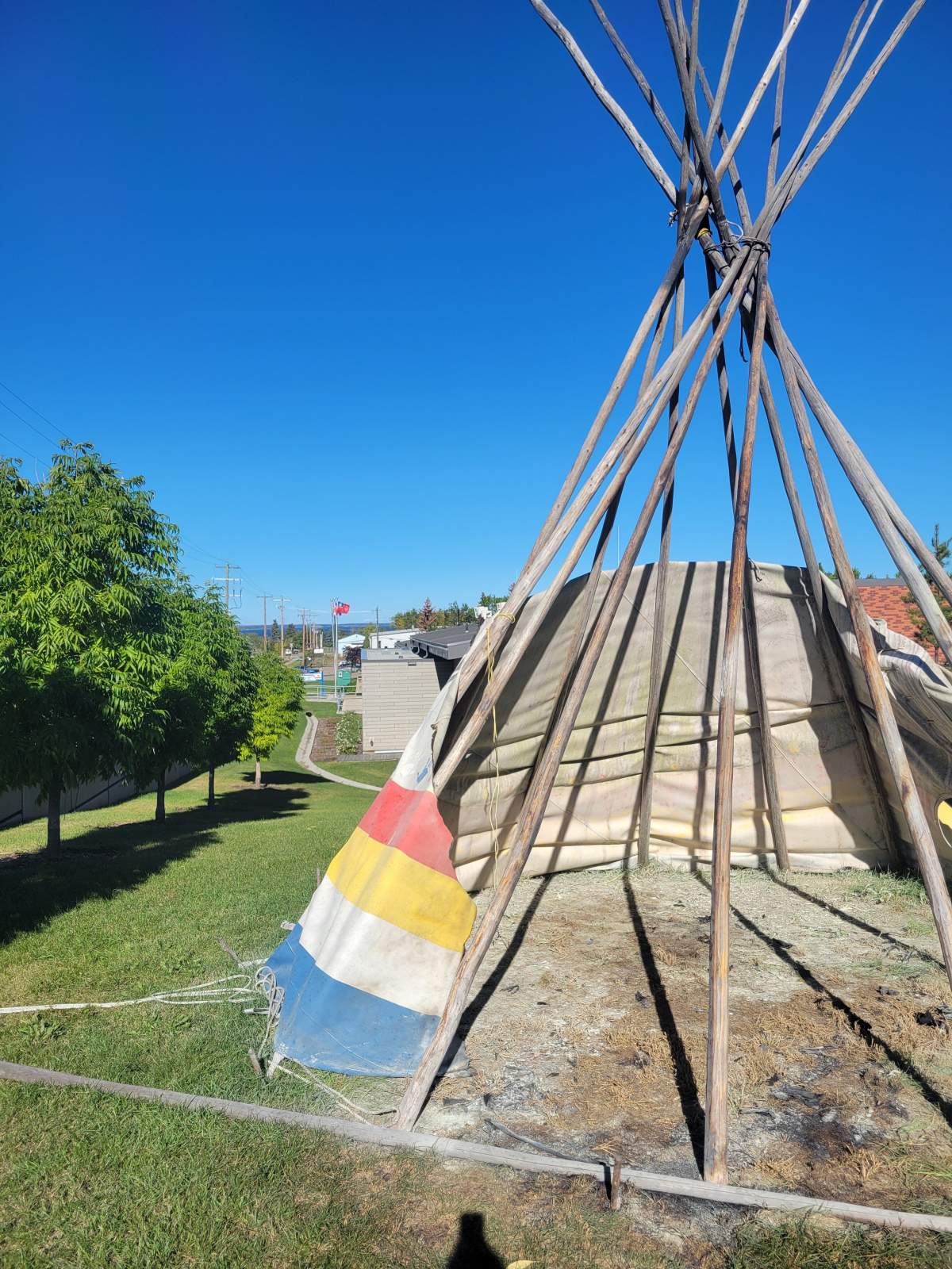 A commemorative teepee gifted to the Lac La Biche RCMP by the Beaver Lake Cree Nation was set on fire outside the detachment on Monday, Sept. 23, 2024.