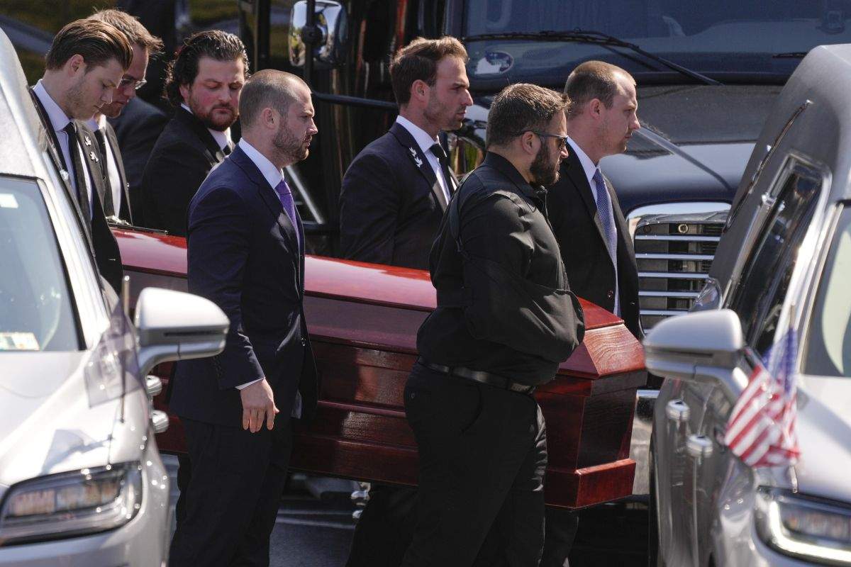 The remains of Matthew Gaudreau arrives for his and his brother Columbus Blue Jackets hockey player John Gaudreau's funeral at St. Mary Magdalen Catholic Church in Media, Pa., Monday, Sept. 9, 2024.