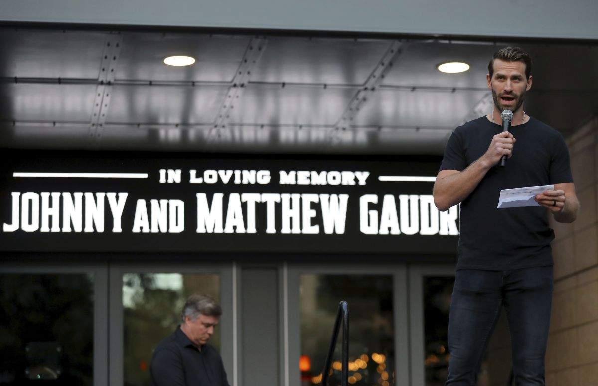 Columbus Blue Jackets player Boone Jenner speaks during the candlelight vigil to honour Columbus Blue Jackets hockey player Johnny Gaudreau, Wednesday, Sept. 4, 2024, outside of Nationwide Arena in Columbus, Ohio. Gaudreau and his brother Matthew were killed by a motor vehicle last week while riding bicycles.
