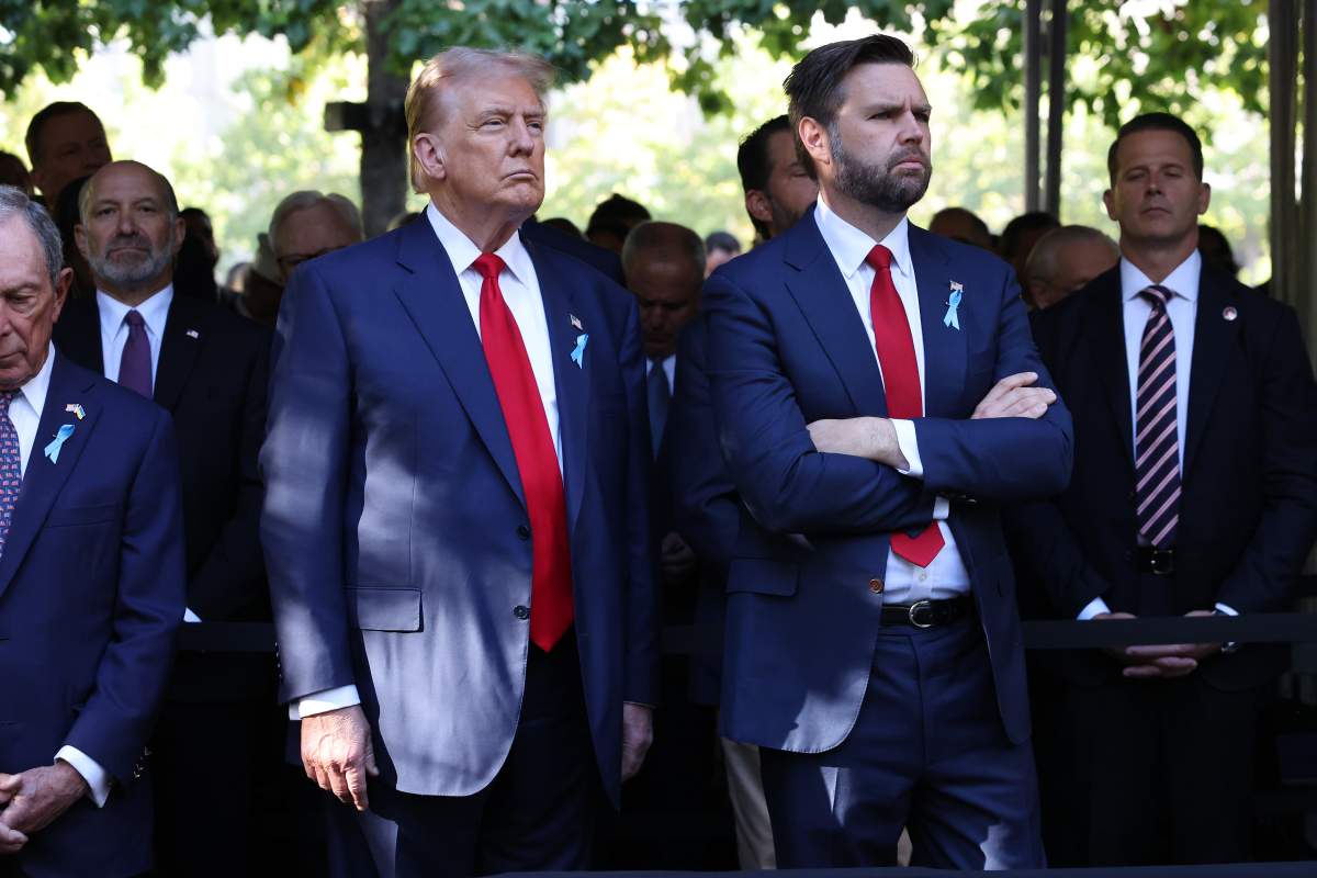 Former U.S. President Donald Trump and Republican vice presidential nominee, U.S. Sen. J.D. Vance (R-OH) attend the annual 9/11 Commemoration Ceremony at the National 9/11 Memorial and Museum on September 11, 2024 in New York City.