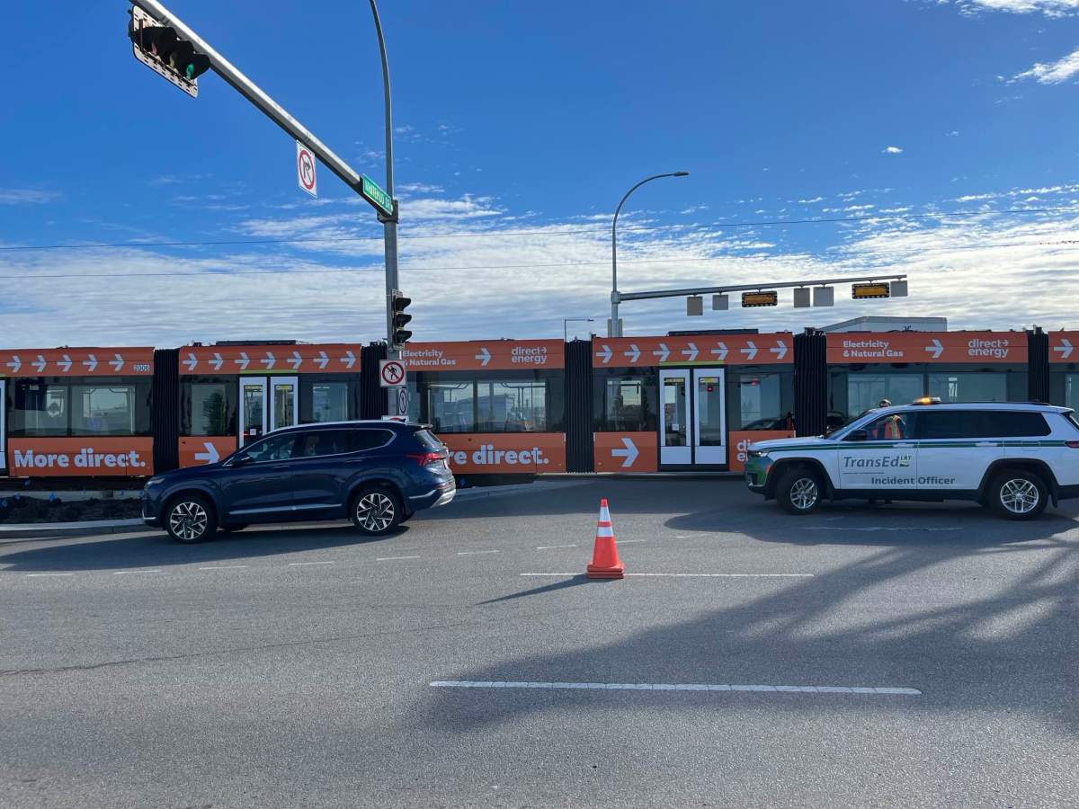 A collision between a semi tractor trailer and the Valley Line LRT on 66/75 Street at the Whitemud Drive overpass on Tuesday, Sept. 24, 2024.