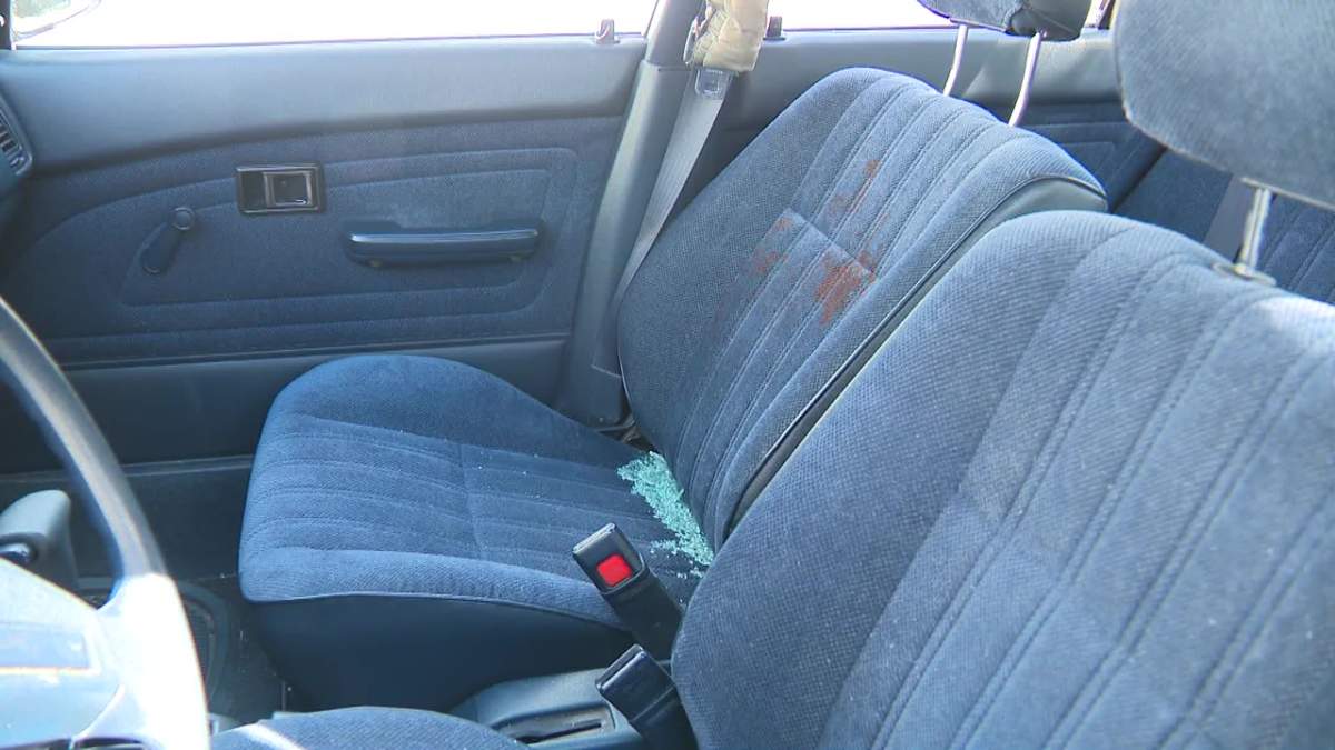 The Toyota car the three St. Albert teens were in when they were shot at on Monday, Sept. 2, 2024.