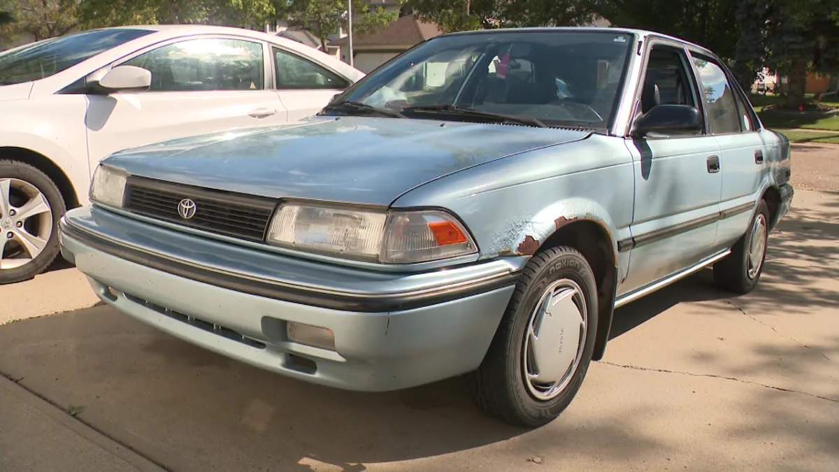 The Toyota car the three St. Albert teens were in when they were shot at on Monday, Sept. 2, 2024.