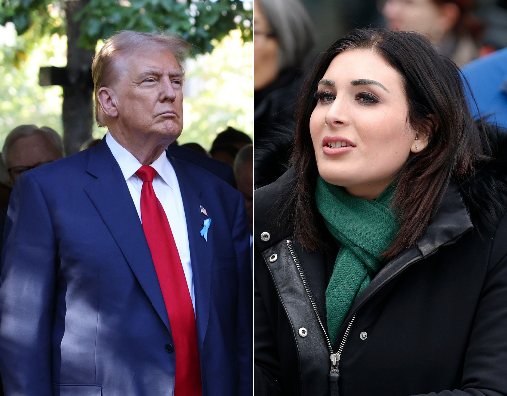 Right: Former U.S. President Donald Trump attends the annual 9/11 Commemoration Ceremony at the National 9/11 Memorial and Museum on September 11, 2024 in New York City. Left: Laura Loomer stands across from the Women's March 2019 in New York City on January 19, 2019 in New York City.