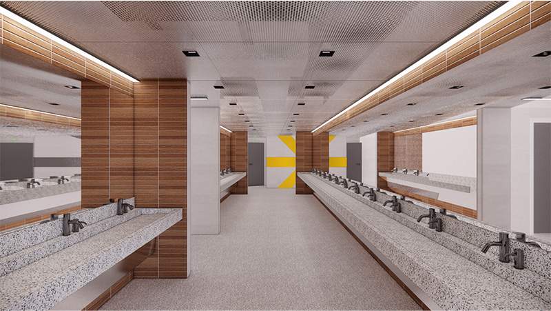 Rendering of proposed upgrades to Commonwealth Stadium in Edmonton, including bathroom overhauls.