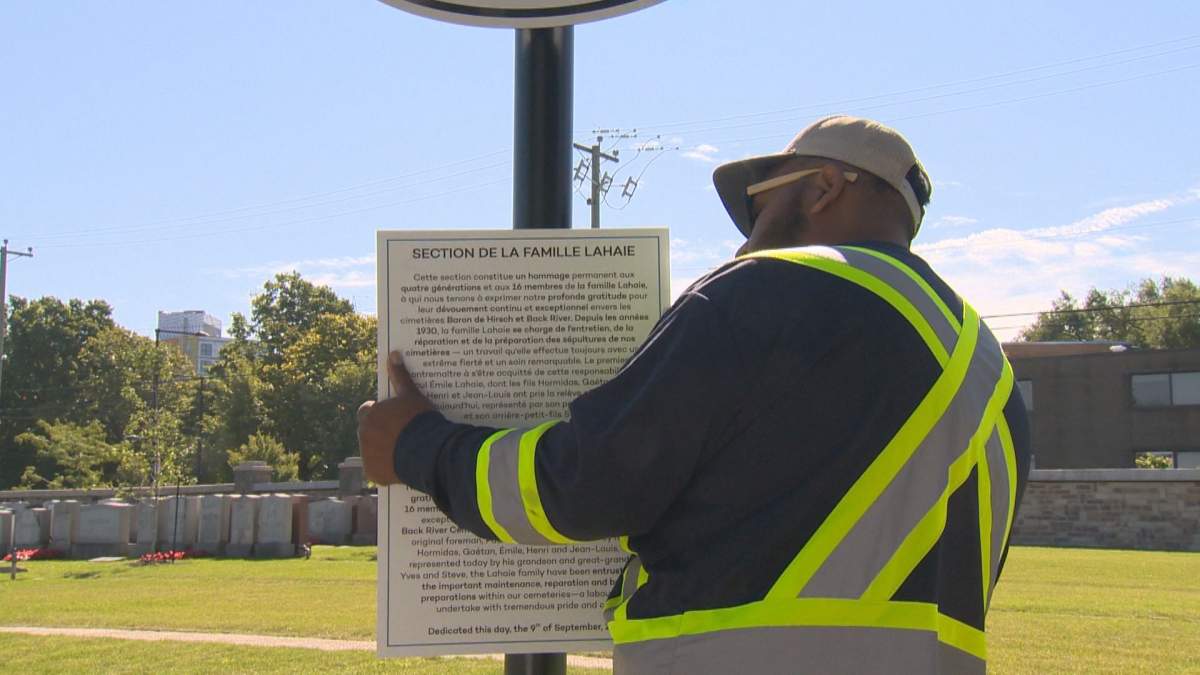 A plaque for the Lahaie Family Section is installed at the Baron de Hirsch Cemetery in Montreal on Sept. 9, 2024.