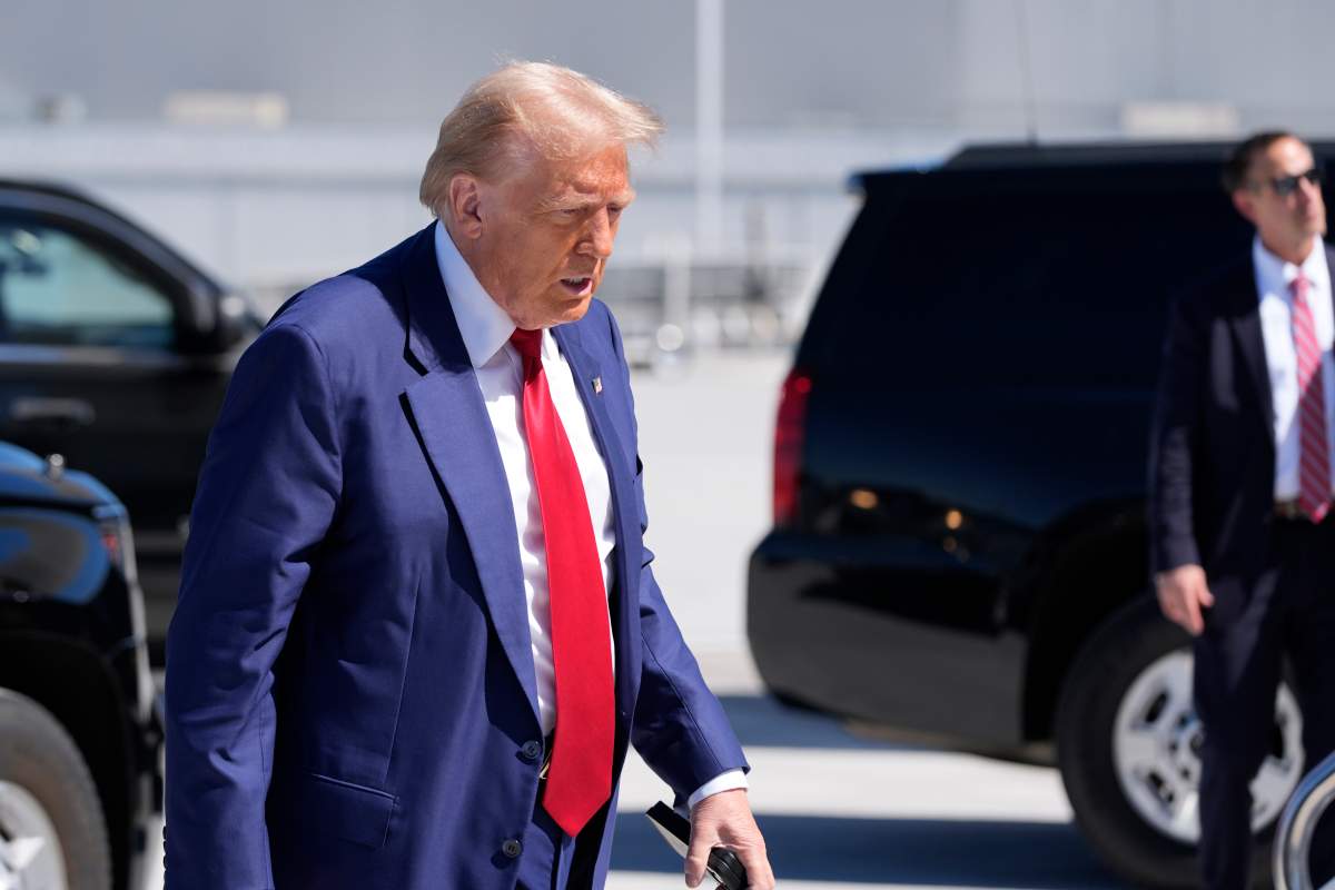Republican presidential nominee former President Donald Trump arrives at Harry Reid International Airport to board a plane after a campaign trip, Saturday, Sept.14, 2024, in Las Vegas.