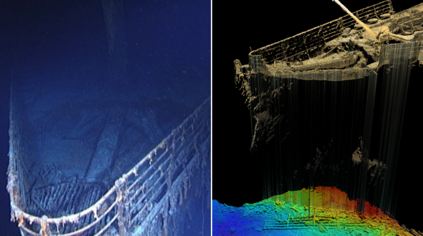 A split image. On the left, the bow railing of the Titanic shipwreck is intact. On the right, a portion of the railing is missing and visible on the colour-enhanced seafloor.
