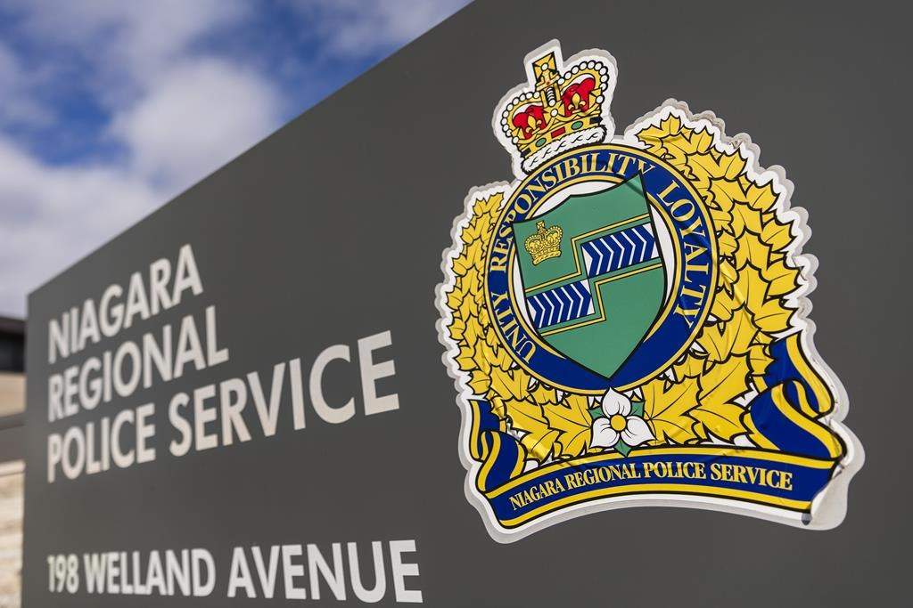 A Niagara Regional Police Service sign is shown in St. Catharines, Ont., Friday, March 15, 2024. THE CANADIAN PRESS/Aaron Lynett.