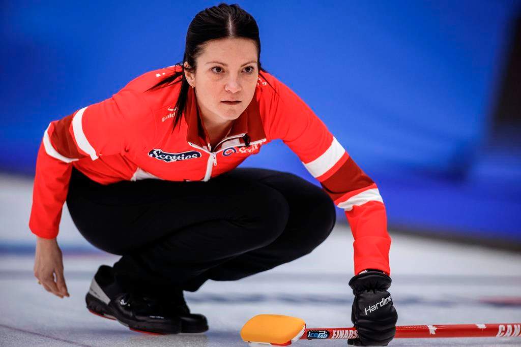 Team Canada skip Kerri Einarson watches her shot as they play Team Manitoba-Cameron in qualifications at the Scotties Tournament of Hearts in Calgary, on Feb. 23, 2024.