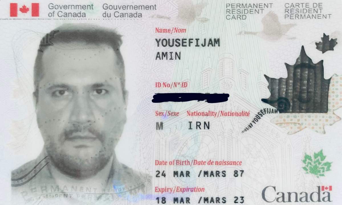 Amin Yousefijam’s Canadian residence card. He has legally changed his name to Ameen Cohen.