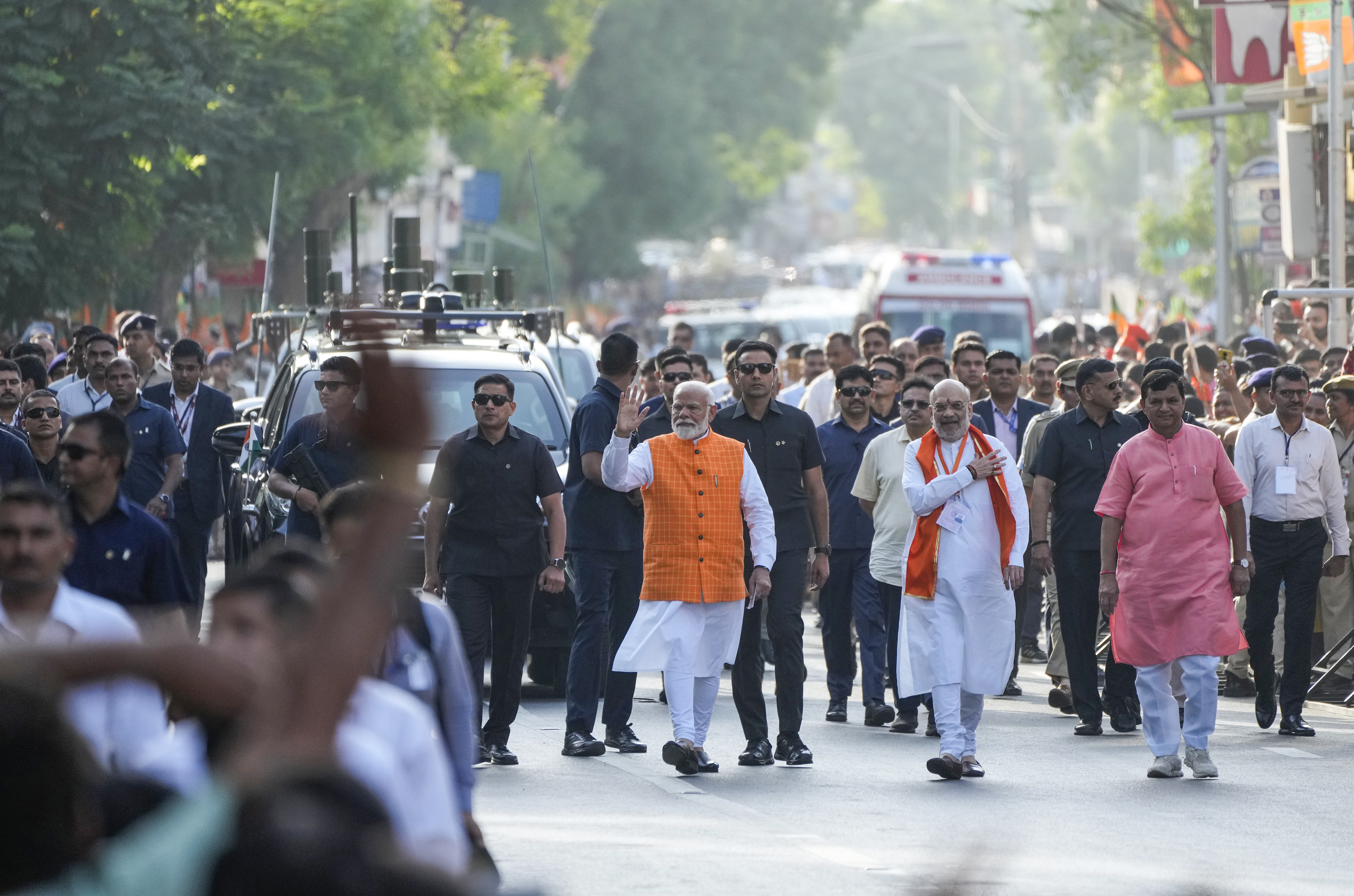 Indian Prime Minister Narendra Modi, with Home Minister Amit Shah, in Ahmedabad, India, May 7, 2024. (AP Photo/Ajit Solanki)
