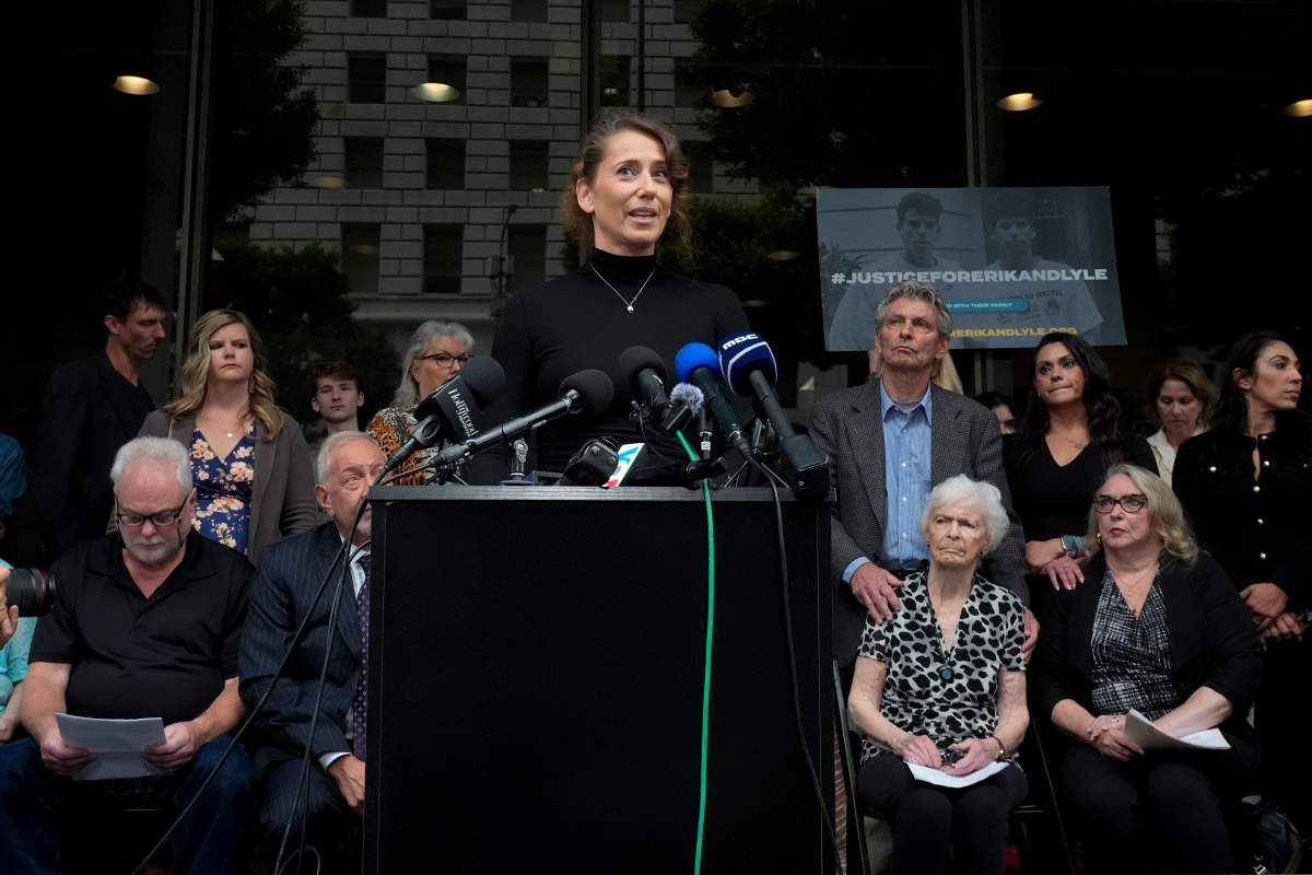 Anamaria Baralt, niece of Jose Menendez, speaks during a press conference to announce developments on the case of brothers Erik and Lyle Menendez, Wednesday, Oct. 16, 2024, in Los Angeles.