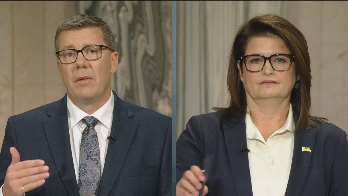 Saskatchewan Party leader Scott Moe (left) and Saskatchewan NDP leader Carla Beck (right) took part in a provincial debate October 16, 2024.
