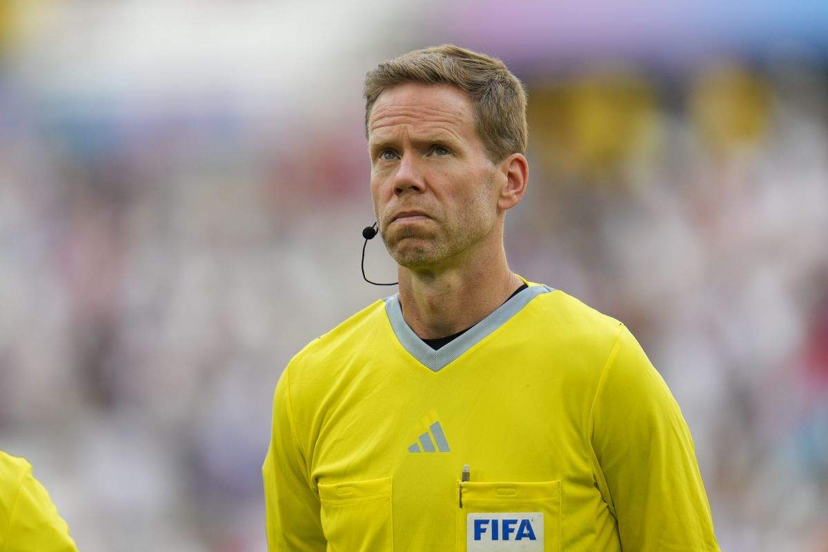 Fourth official Drew Fischer, of Canada, participates in a men's quarterfinal soccer match between Egypt and Paraguay at the 2024 Summer Olympics, Friday, Aug. 2, 2024, at Marseille Stadium in Marseille, France.