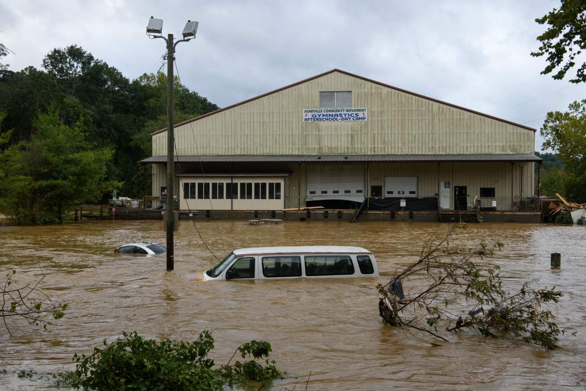ASHEVILLE, NORTH CAROLINA - SEPTEMBER 28: Heavy rains from Hurricane Helene caused record flooding and damage on September 28, 2024 in Asheville, North Carolina. Hurricane Helene made landfall in Florida's Big Bend on Thursday night with winds up to 140 mph and storm surges that killed at least 42 people in several states.