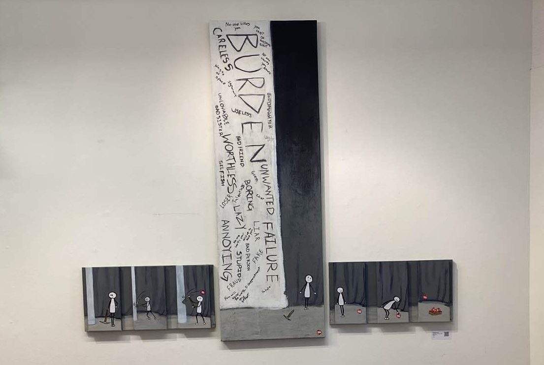 A piece by Meagan Brown in her exhibition, “Me, We, and ADHD” depicting the negative self-image she developed as someone with ADHD.