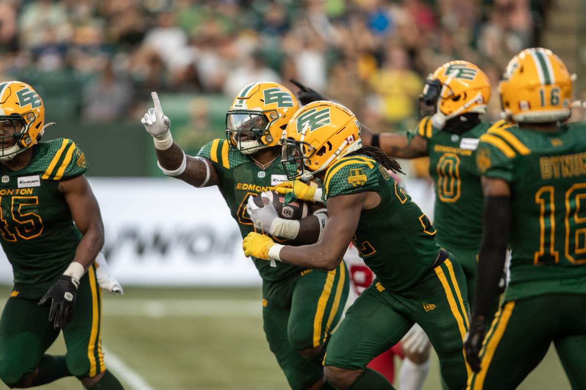 Elks linebacker Nick Anderson celebrates an interception against the Calgary Stampeders on Saturday, September 7, 2024.
