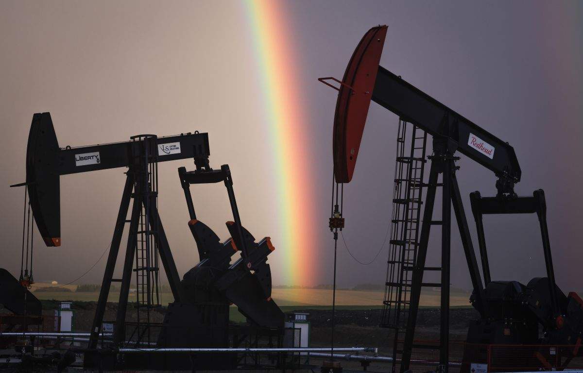 Pumpjacks draw out oil and gas from wells near Calgary on Monday, Sept. 18, 2023.