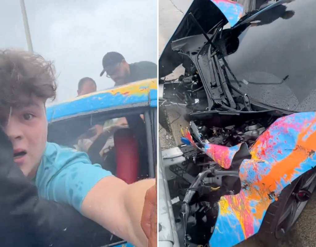 Screengrabs of video shared by Jack Doherty on X, formerly Twitter, showing the moments after he crashed his McLaren while driving on a Miami highway.