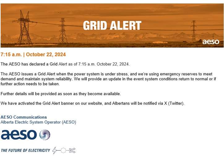 Notice of the AESO grid alert was reposted on social media by the City of Lethbridge.
