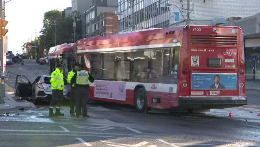 A collision with two TTC buses and a vehicle in Toronto on Oct. 9, 2024.