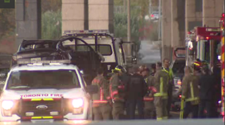 A Tesla, the vehicle involved in a crash that killed four people, being towed away.