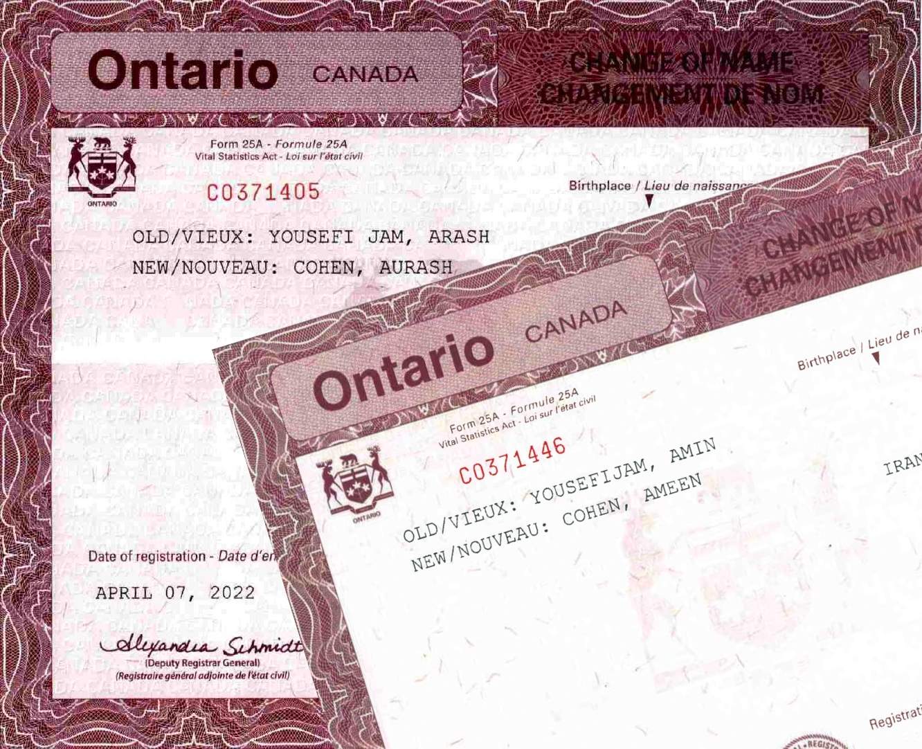Name change certificates issued to brothers convicted of evading Iran sanctions.