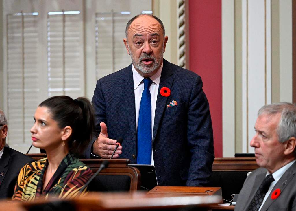 Quebec Health Minister Christian Dube responds to the Opposition during question period at the legislature in Quebec City.