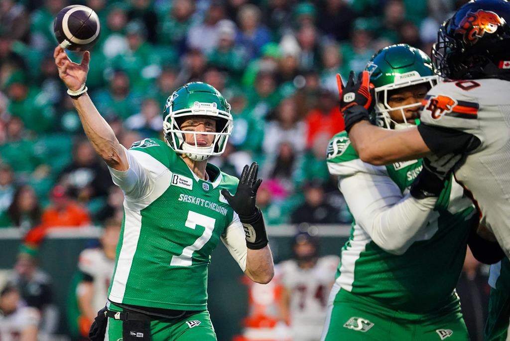 Saskatchewan Roughriders quarterback Trevor Harris (7) throws against the B.C. Lions during the first half of CFL football action in Regina, on Saturday, October 12, 2024. THE CANADIAN PRESS/Heywood Yu.