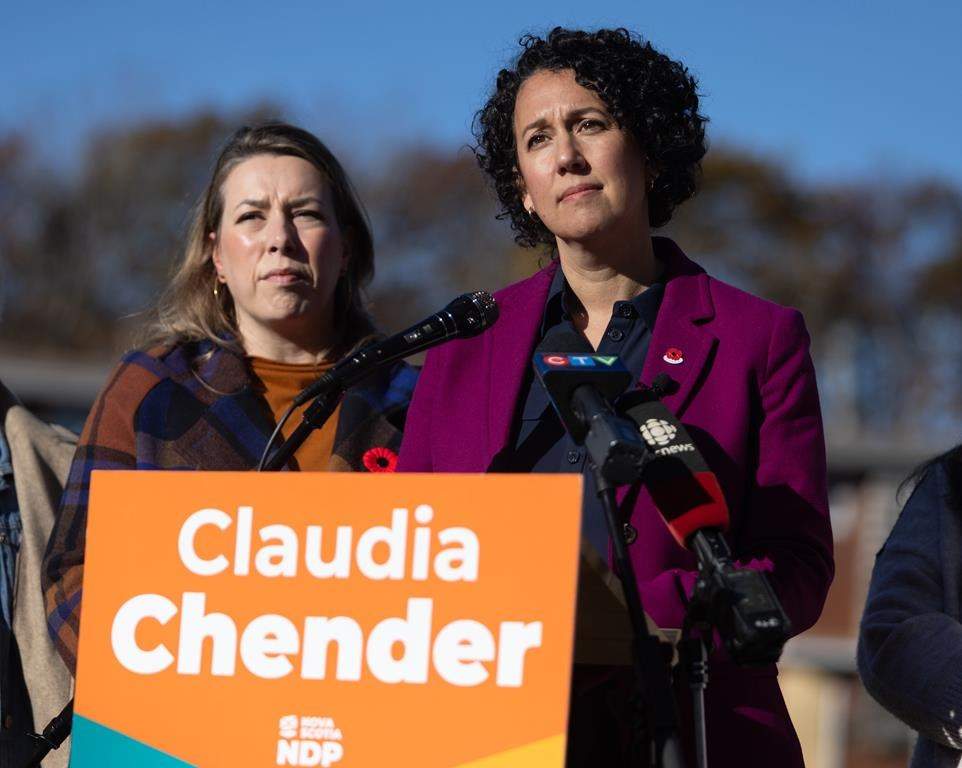 Claudia Chender speaks at a campaign event at Ocean Breeze apartments in Dartmouth, N.S. on Tuesday, Oct. 29, 2024.