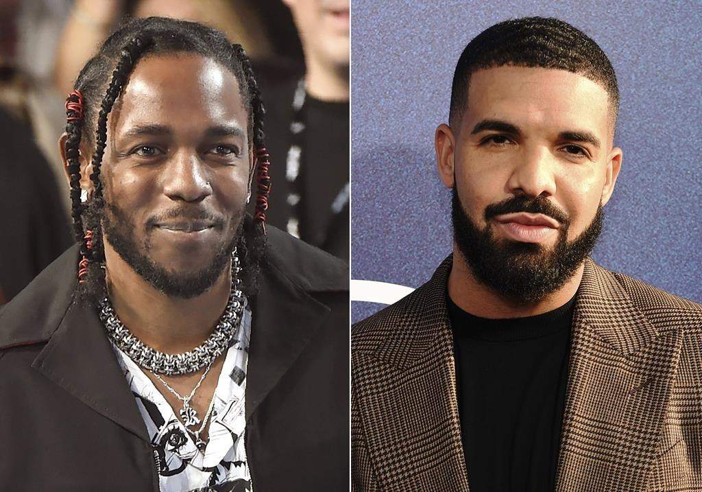 FILE - Rapper Kendrick Lamar appears at the MTV Video Music Awards, on Aug. 27, 2017, in Inglewood, Calif., left, and Canadian rapper Drake appears at the premiere of the series "Euphoria," in Los Angeles on June 4, 2019.