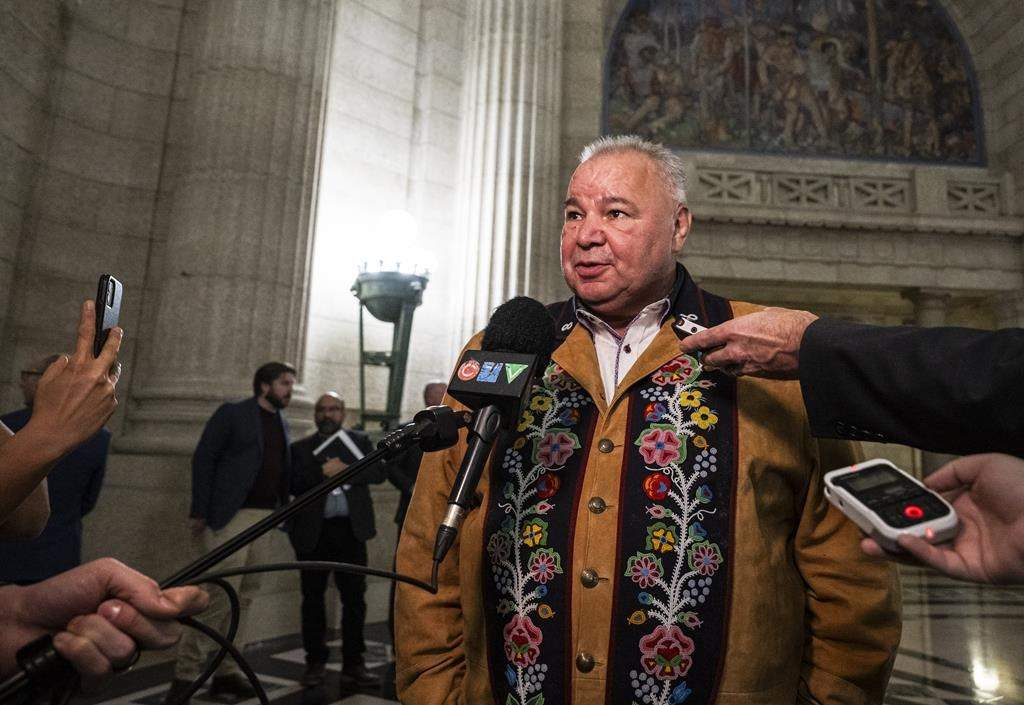 President of the Manitoba Métis Federation David Chartrand speaks to media after the completion of the 43rd Manitoba Legislature throne speech at the Manitoba Legislative Building in Winnipeg, Tuesday, Nov. 21, 2023. 