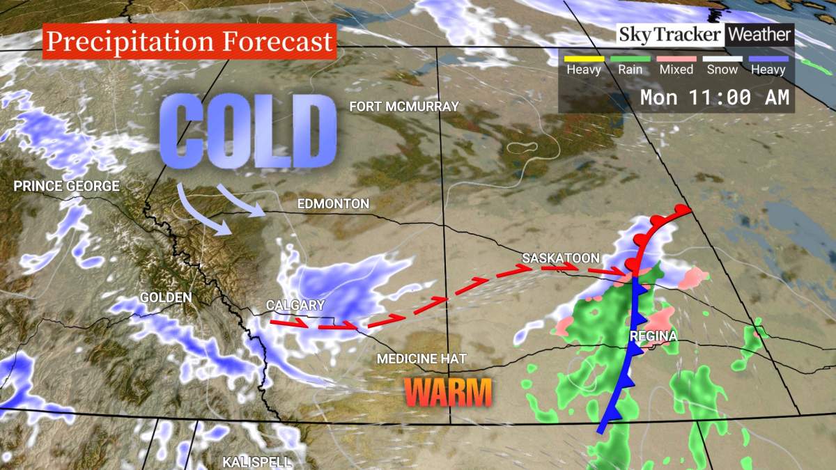 The city of Calgary could get up to 15 centimetres of snow before it tapers off late Monday (Nov. 18, 2024) while some areas to the west of Calgary could get 15 centimetres.