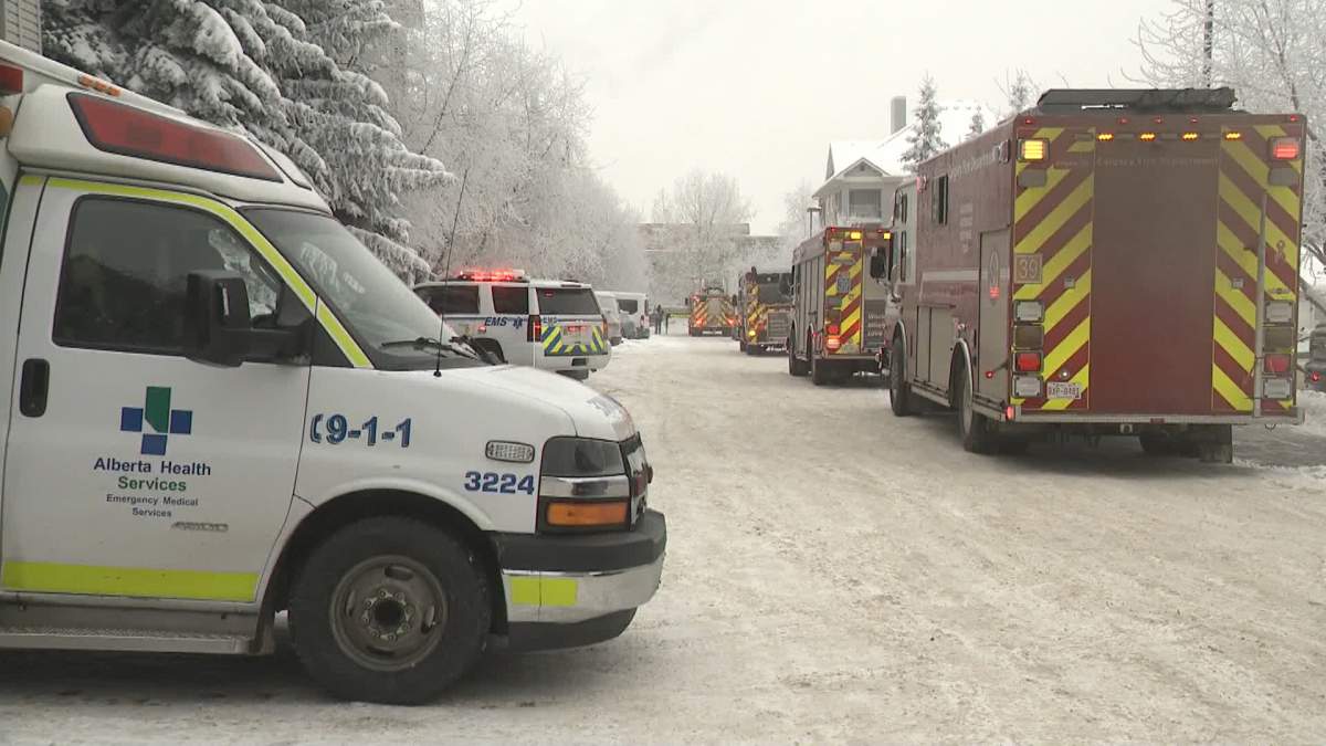 A large number of fire trucks and ambulances could be seen outside a Calgary condo complex Thursday afternoon (Nov. 28, 2024) after a CO alarm went off, forcing evacuation of the building.