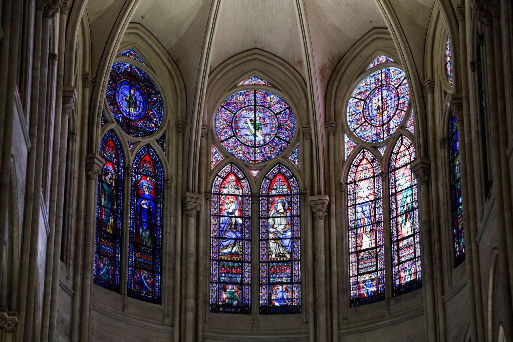 This photograph shows windows in the heart of Notre-Dame de Paris cathedral in Paris, on November 29, 2024.