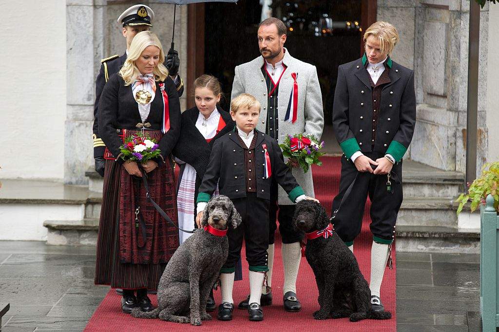 FILE - Crown Princess Mette-Marit of Norway, Princess Ingrid Alexandra of Norway, Prince Sverre Magnus of Norway, Crown Prince Haakon of Norway and Marius Borg Hoiby Celebrate National Day on May 17, 2015 in Asker, Norway.