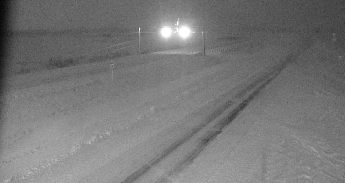 Highway 10 through Minnedosa is snow covered.