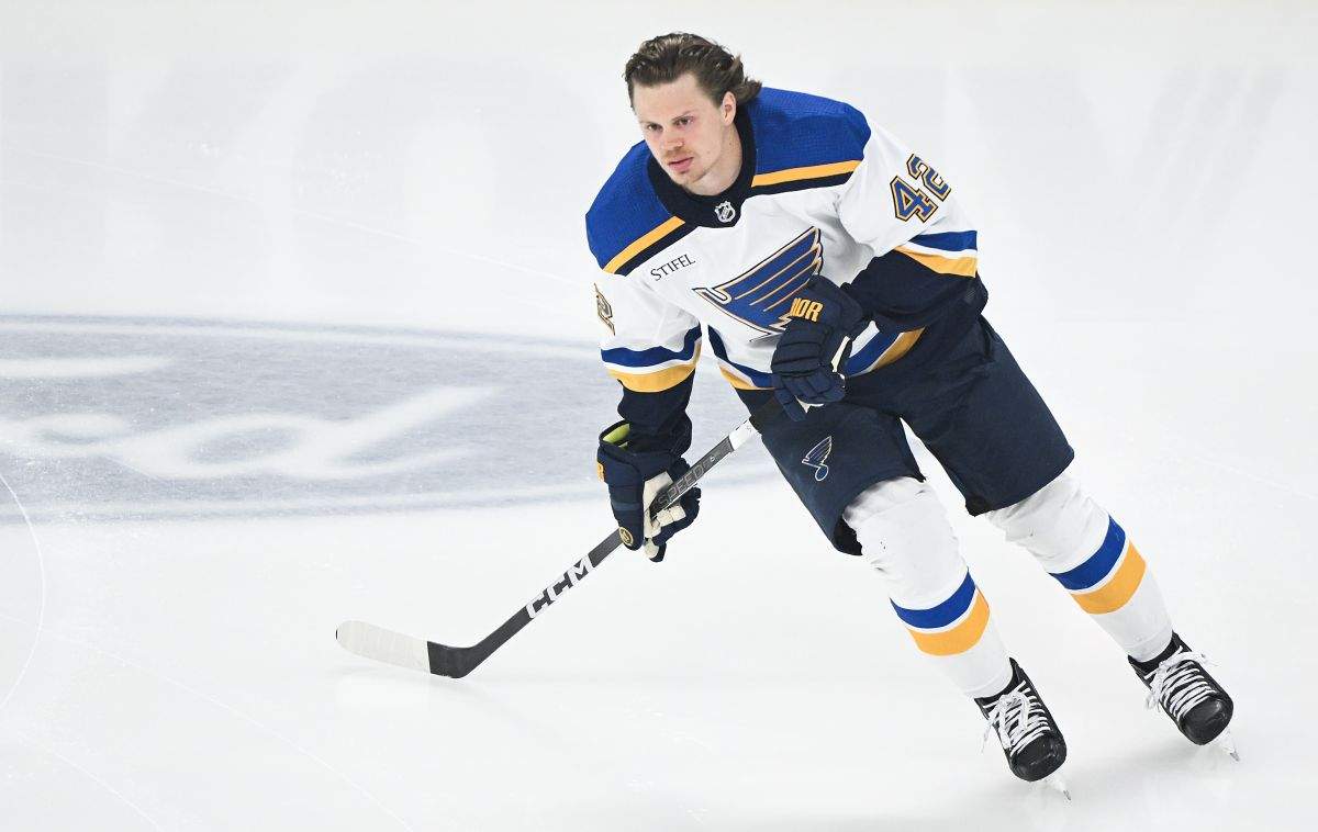 St. Louis Blues' Kasperi Kapanen skates prior to an NHL hockey game against the Montreal Canadiens in Montreal, Sunday, February 11, 2024.