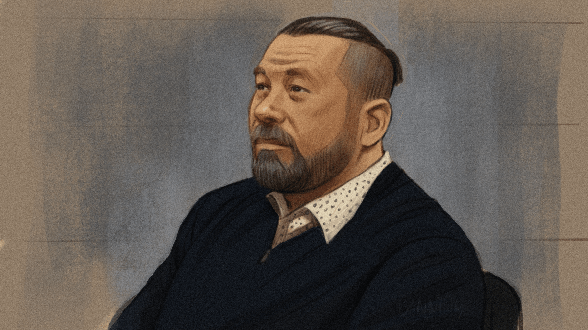 A sketch of "Freedom Convoy" organizer Pat King in an Ottawa court on Friday, Nov. 22, 2024.