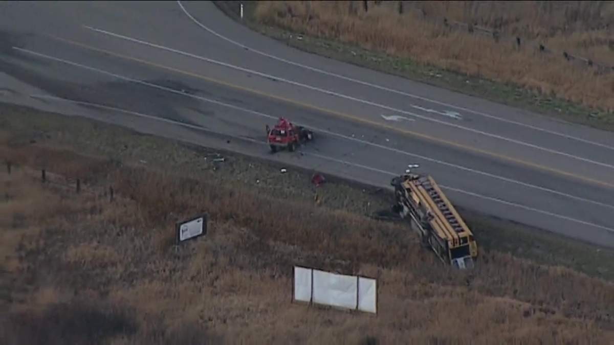 A bus and SUV collided at Highway 627 (Garden Valley Road) and Range Road 273 (Golden Spike Road) in Parkland County on Tuesday, Nov. 5, 2024.