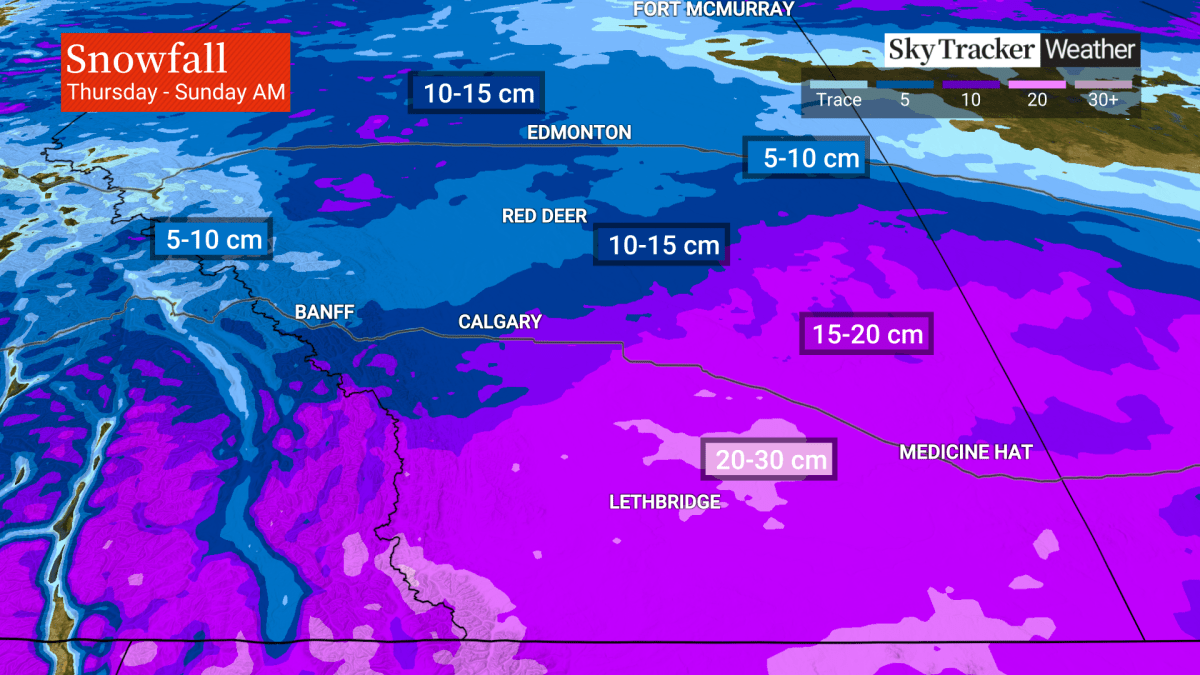 Three more waves of snow are forecast to hit southern Alberta before it tapers off on Sunday with the southeastern part of the province expected to be the hardest hit.