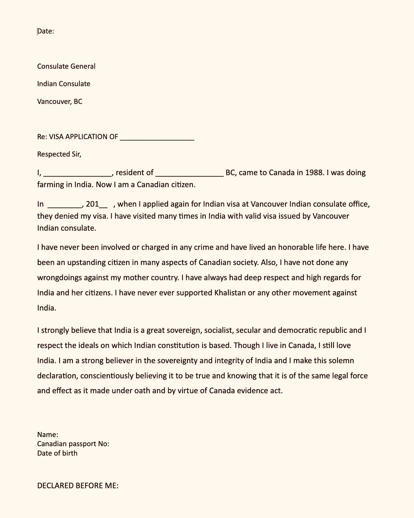 “Sample letter” Bikramjit Sandhar said he was given to sign to get an Indian visa.