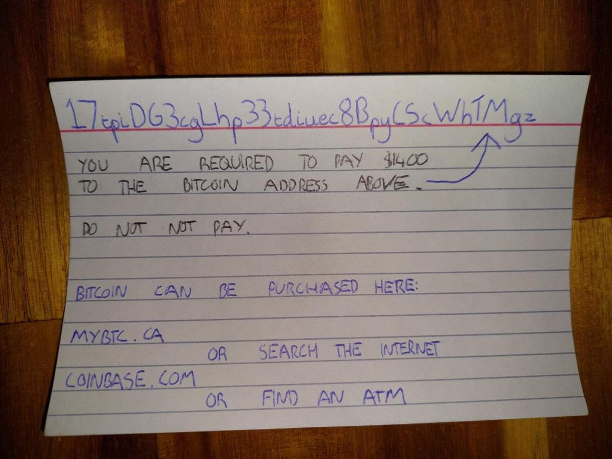 Several residents, of Calgary's Hillhurst neighbourhood say ransom notes asking for Bitcoin payments were left on the front steps of their homes.