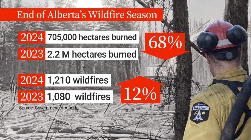 Statistics on the number of fires and the amount of hectares burned in Alberta in 2024 compared to 2023.