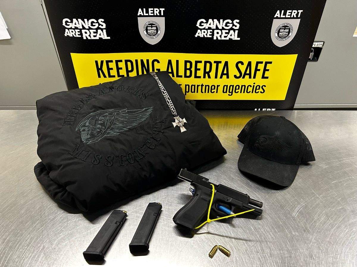 ALERT has announced the arrest of a 55-year-old member of the Hells Angels in Red Deer who was found in possession of a Glock handgun along with multiple magazines for the weapon.