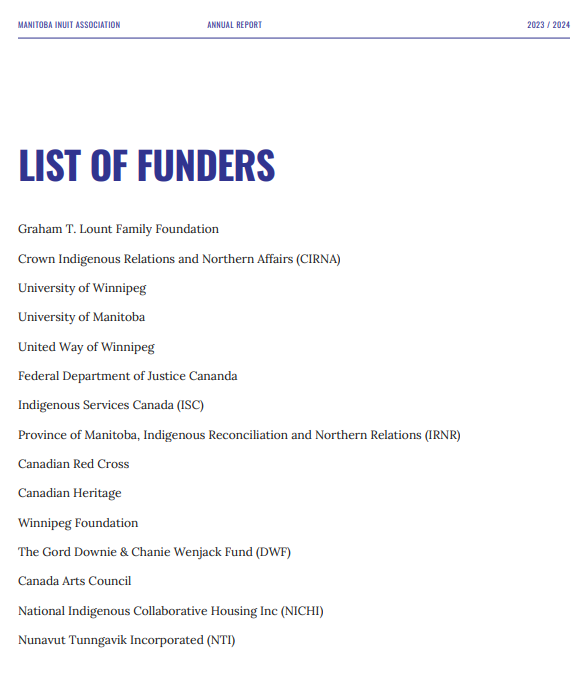 Manitoba Inuit Association has stopped posting audited financial statements on its website, instead posting a list of funders
